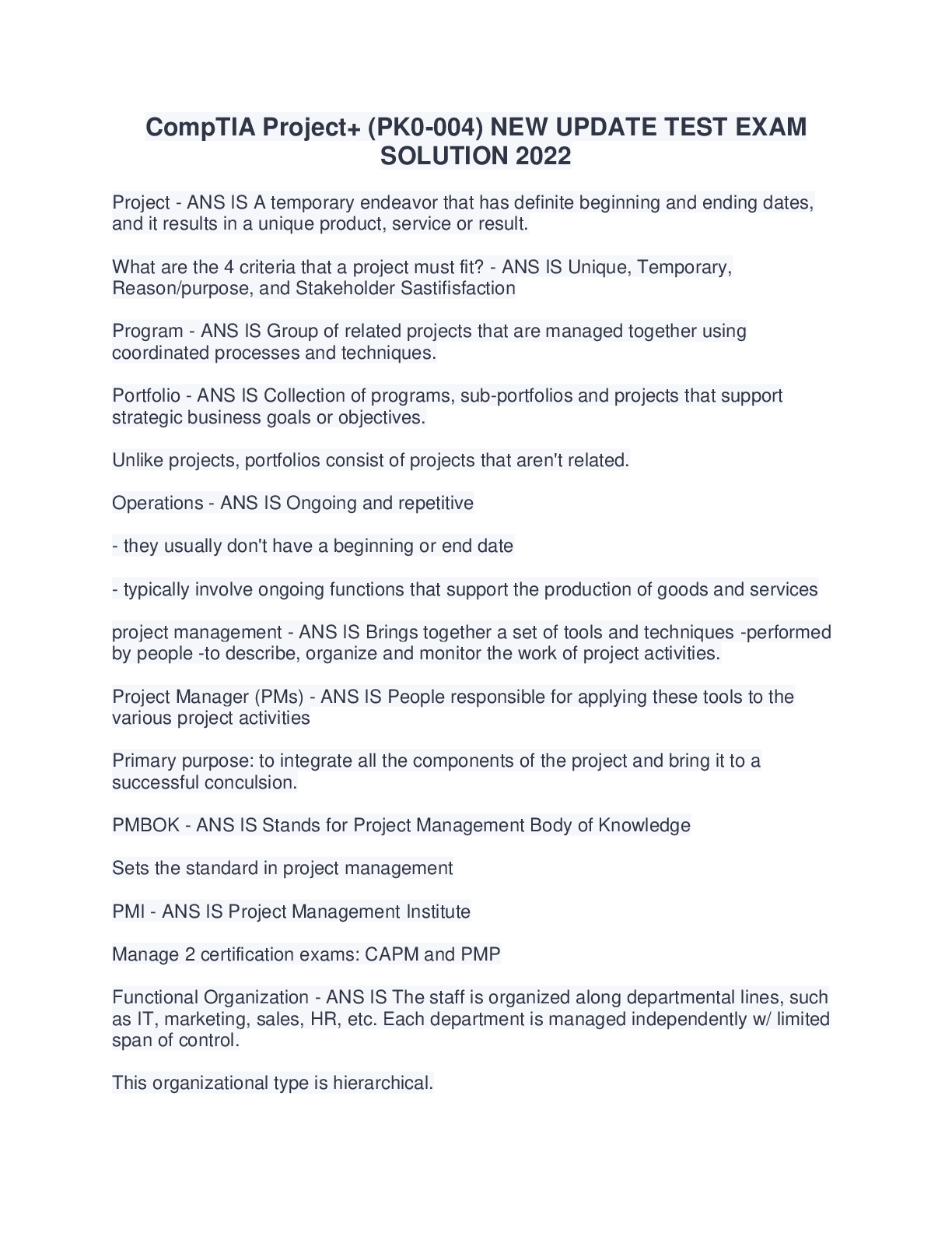 Preview image for CompTIA Project+ (PK0-004) NEW UPDATE TEST EXAM  SOLUTION 2022